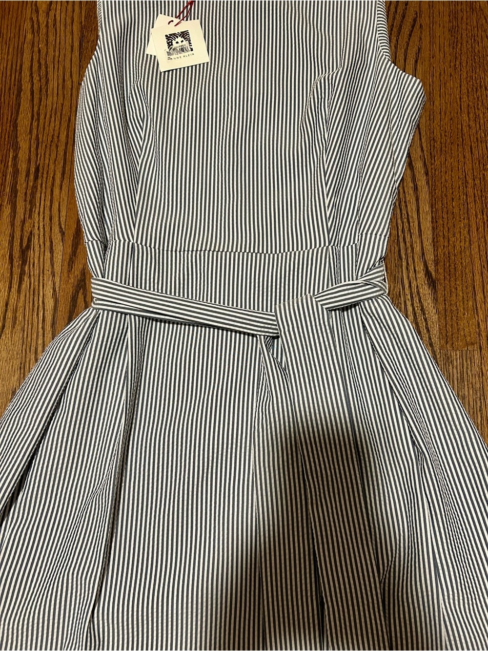 Anne Klein NWT Moon Gray Striped Fit & Flare Dress Belted Size 14 Midi - Picture 2 of 5